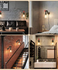 Water Pipe Wall Light Fixture Vintage Steampunk Sconce with plug in cord installed in living room, bedroom, stairway, and bathroom.