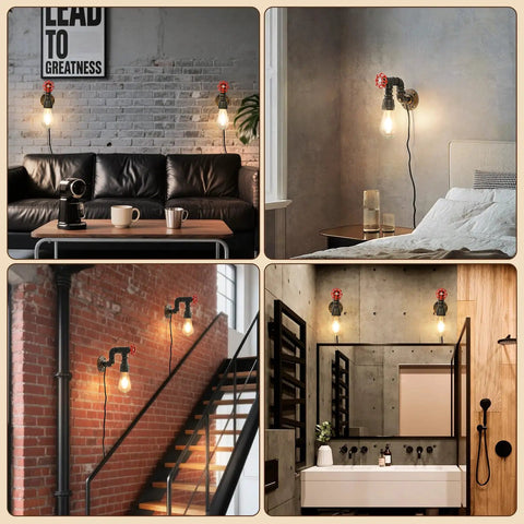 Water Pipe Wall Light Fixture Vintage Steampunk Sconce with plug in cord installed in living room, bedroom, stairway, and bathroom.