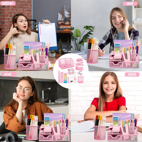 Pink desk accessories set in different home, work, and school environments with pen holders and note organizers.