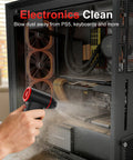 F3 Electric Air Duster Three Gear Power, 150000 RPM High Speed Blower in use cleaning a PC case, handheld cordless design
