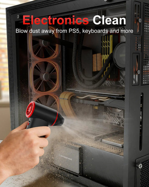 F3 Electric Air Duster Three Gear Power, 150000 RPM High Speed Blower in use cleaning a PC case, handheld cordless design