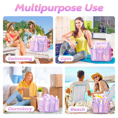 Mesh Shower Caddy With Drawstring Closure Portable Organizer For Dorm Rooms Gym Travel Camping Swimming And Bathroom Essentials 11x9.9x9.9 Inches 8 Pockets displayed in various settings: swimming, gym, dorm, and beach.