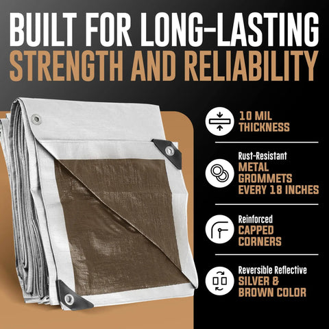 20X20 Heavy Duty Tarp Built Tough With 10 Mil Thickness Waterproof Tear And Fade Resistant UV Treated Surface Grommets Every 18 Inches Reversible Silver Brown For Outdoor Projects Camping Construction And More