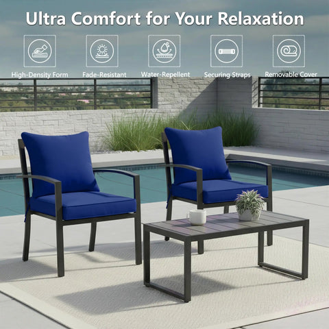 Two navy 24x24 Inch Outdoor Chair Cushions Set Of 2 With Removable Washable Covers, Water Repellent And Fade Resistant, Non Slip Bottom With Straps on black patio chairs by a pool.
