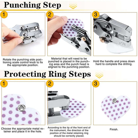 Three Sixteenth Inch Grommet Tool Kit Eyelet Pliers Set in use, showing steps for punching and protecting rings on fabric.