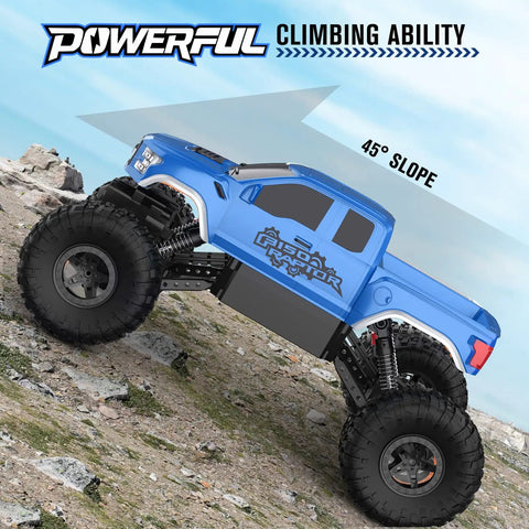 Ford Raptor F150 4x4 RC Car Monster Truck for Kids climbing a 45-degree slope on rocky terrain, 1:18 scale, blue