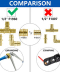 Comparison of 1/2-inch F1960 and F1807 brass fittings for expanding and crimping systems.