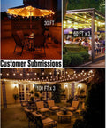 Two Pack 100Ft LED Outdoor String Lights With 104 Vintage G40 Bulbs illuminating patio, pergola, and backyard seating areas.