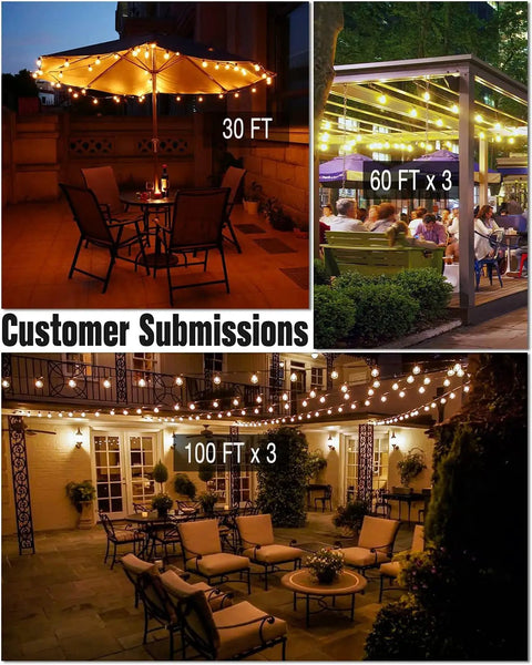 Two Pack 100Ft LED Outdoor String Lights With 104 Vintage G40 Bulbs illuminating patio, pergola, and backyard seating areas.
