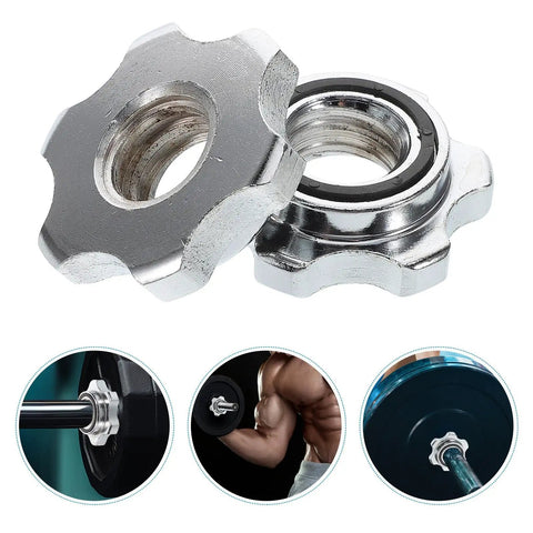 Stainless Steel Barbell Collars 2 Pack Portable No Slip Anti Skid Locks Universal Fit for Barbell and Dumbbell Weightlifting Equipment Gym Safety Accessories with close-up views on barbells.
