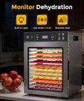 Hella Spacious 12 Tray Food Dehydrator With Stainless Steel Racks showcasing colorful fruits, veggies, and beef jerky in use.