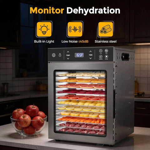 Hella Spacious 12 Tray Food Dehydrator With Stainless Steel Racks showcasing colorful fruits, veggies, and beef jerky in use.
