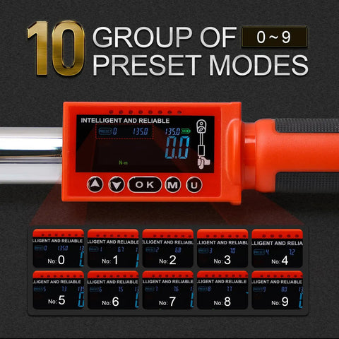 Close-up of Digital 3/8 Inch Torque Wrench With Five Modes And Auto Buzz, showing LED display and control buttons.
