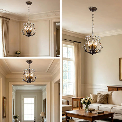 5 Light Branches Crystal Chandelier Vintage Style Ceiling Light Flush Mount For Island Dining Room Living Room Bedroom Hallway Foyer Ultra Luxe Look With Transparent Crystals And Aged Bronze Finish shown in interior settings