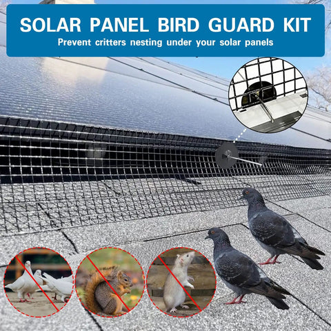 Heavy Duty Solar Panel Bird Guard Mesh 6 Inch By 100 Feet 19 Gauge Pvc Coated Wire Barrier shown preventing pests under solar panels.