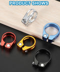 28.6mm Aluminum Bike Seat Post Clamp Quick Release in five colors on display, including the Go-To Silver Seat Tube Clip.