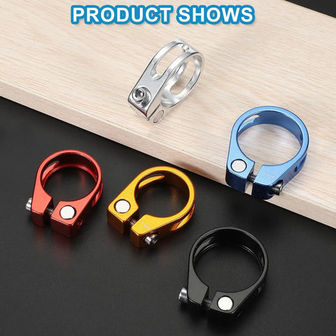 28.6mm Aluminum Bike Seat Post Clamp Quick Release in five colors on display, including the Go-To Silver Seat Tube Clip.