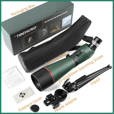 20 To 60x80 HD Spotting Scope With Waterproof Build For Long Range Viewing High Powered Telescope With Fully Multicoated Optics Crystal Clear Image And Wide Field Of View For Birding And Outdoor Adventures, with tripod and phone adapter