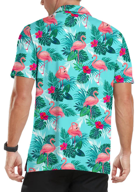 Fly Summer Golf Polo Shirt For Men Short Sleeve Quick Dry Moisture Wicking Stretch Fit Comfortable Game Day Slick Performance Lightweight Tech Tee, featuring colorful flamingo pattern.