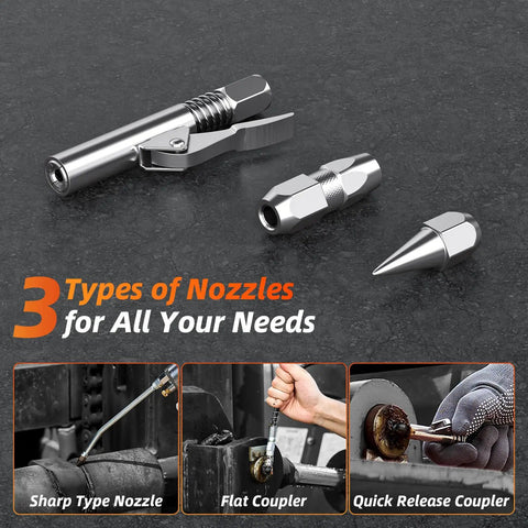 Image showing three types of nozzles for the Cordless Electric Grease Gun With 10000 PSI, including sharp type, flat coupler, and quick release.