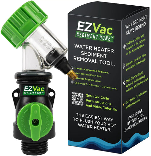 Water Heater Sediment Removal Tool Kit for Electric and Gas Heaters, featuring drain valve adapter and packaging box.