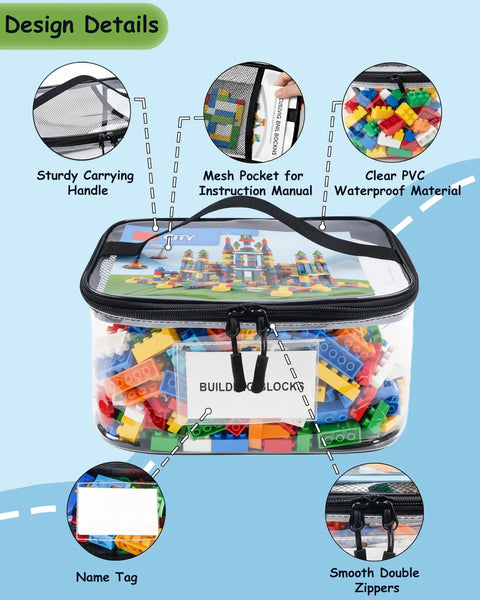 Front view of 6 Pack Extra Large Clear Toy Storage Bags With Tag And Pocket, Waterproof Organizer Bags for Lego Bricks and Board Games, Black Size M