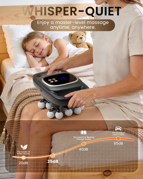 Person using 16 Head Percussion Massage Gun Deep Tissue Back Massager With 3 Modes And 30 Intensity Levels for Full Body Recovery
