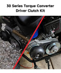 30 Series Torque Converter Driver Clutch Kit installed on mini bikes and go-karts, showing side view and engine attachment.