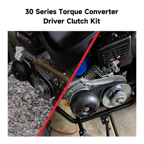 30 Series Torque Converter Driver Clutch Kit installed on mini bikes and go-karts, showing side view and engine attachment.