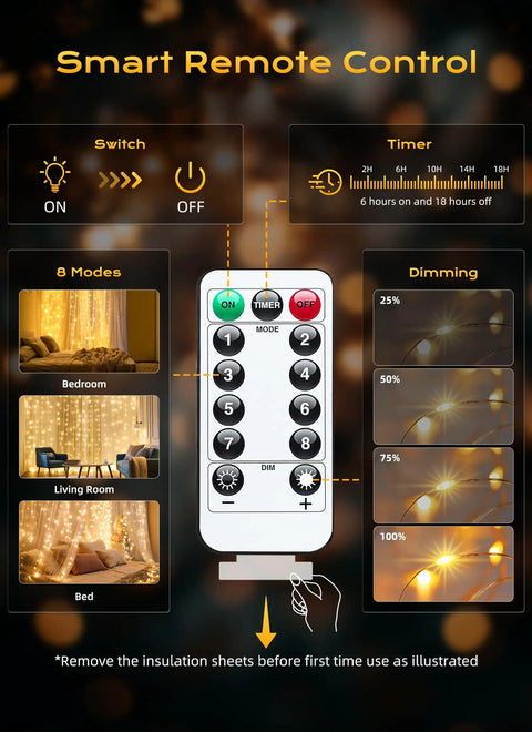 Remote control for 300 LED Curtain String Lights 9.8 Ft By 9.8 Ft Warm White USB Powered with 8 modes and dimming options.
