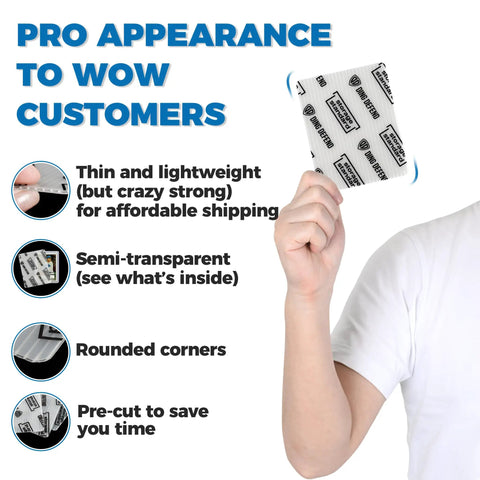 Person holding Shipping Protectors For Trading Cards Pro Grade Ultra Strong Plastic Inserts 110 Pack in hand with features listed