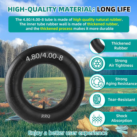 Two Pack 4.80 4.00 8 Inner Tubes With TR13 Straight Valve Stem For Wheelbarrows Hand Trucks Lawn Mowers Carts Trailers Wagons Heavy Duty Replacement Fits 15.5 Inch Tires showing features like thickened rubber and tear resistance