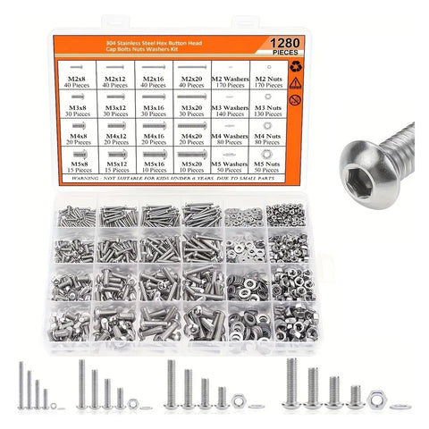 1280 Piece Stainless Steel Hex Socket Cap Head Screws And Nuts Kit M2 To M5, Heavy Duty Boss Grade Anti Loosening Fasteners For Equipment Models Furniture DIY Projects Assembly And Hobby Builds, organized kit