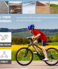 Boy biking on mountain trail showcasing 18 Inch Bike Tire And Tube Replacement Set With Two 18x1.95 Tires And Two Inner Tubes For 18x1.75 To 2.125 Inches With AV 32mm Schrader Valve For Mountain And Off Road Biking, highlighting terrain versatility.
