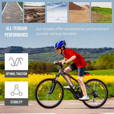 Boy biking on mountain trail showcasing 18 Inch Bike Tire And Tube Replacement Set With Two 18x1.95 Tires And Two Inner Tubes For 18x1.75 To 2.125 Inches With AV 32mm Schrader Valve For Mountain And Off Road Biking, highlighting terrain versatility.