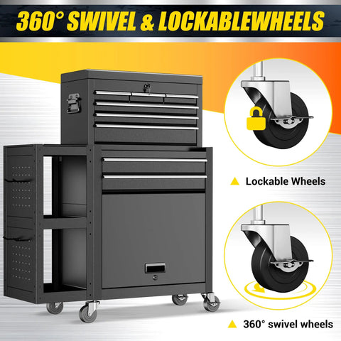 Tough As Nails 8 Drawer Rolling Tool Chest With Lockable Cabinets And Detachable Utility Cart showing 360° swivel and lockable wheels.