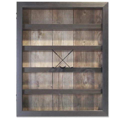 11x14 Golf Ball Display Case Shadow Box Frame in Black holds 25 logo balls with hinged magnetic glass front, wood-grain back