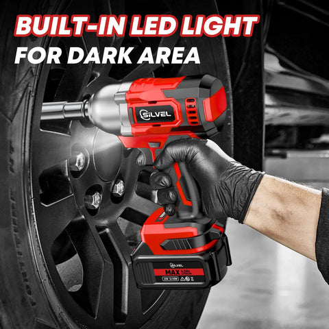 Cordless Impact Wrench With 650 Nm Torque And 3300 RPM One Half Inch Drive Brushless Motor 4.0 Ah Battery in action on car wheel