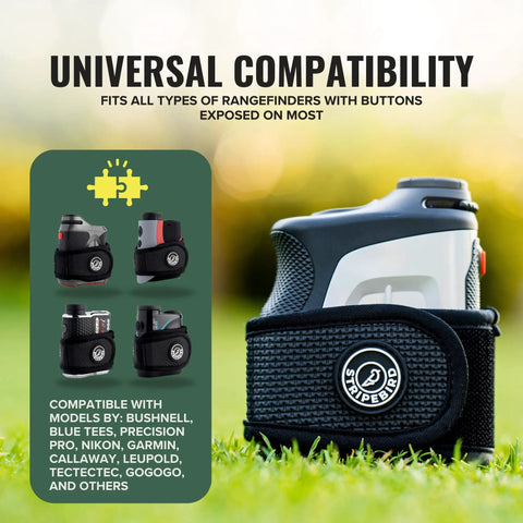 Super Slim 2.0 Golf Rangefinder Magnetic Strap with compatible rangefinder models shown, includes text 'Universal Compatibility'.