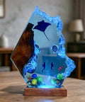 Ocean Resin Lamp With Scuba Diver Scene And Lit Multicolor LED Glow, USB Powered Table Light On Wooden Base For Home Office Decor