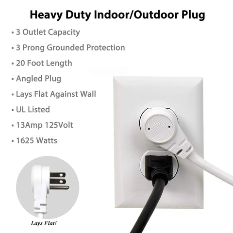 Flat 20 Feet Angled Extension Cord With 3 Outlets For Indoor Use UL Listed White Space Saving Power Cable plugged into wall