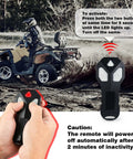 Image shows a person using the Beefy 12V 4500 Lb Electric Winch for ATV and UTV Off Road Adventures, highlighting the wireless remote control.
