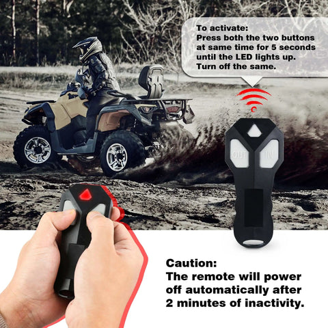 Image shows a person using the Beefy 12V 4500 Lb Electric Winch for ATV and UTV Off Road Adventures, highlighting the wireless remote control.
