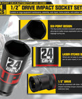 Close-up of 24mm socket from 14 Piece 1/2 Inch Drive Impact Socket Set With 10-24mm Deep Sockets, Heat Treated CR-V Steel.