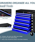 Seven Drawer Rolling Tool Chest On Wheels With Locking Casters And Tubular Handle, Built Tough Tool Cart For Your Garage, Shop Or Warehouse, Massive 7 Drawer Storage In Black And Blue. 7-drawer steel tool cart with lock