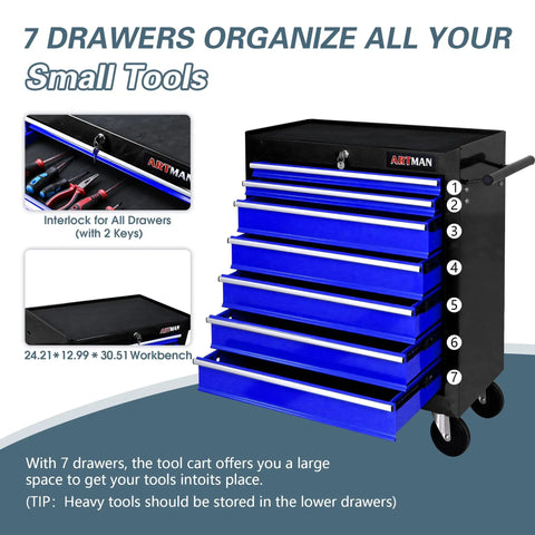 Seven Drawer Rolling Tool Chest On Wheels With Locking Casters And Tubular Handle, Built Tough Tool Cart For Your Garage, Shop Or Warehouse, Massive 7 Drawer Storage In Black And Blue. 7-drawer steel tool cart with lock