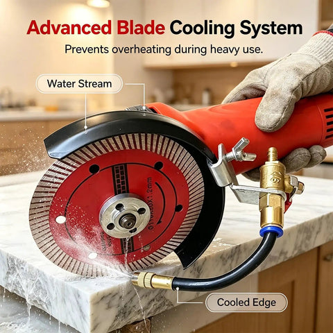 Heavy Duty Angle Grinder Water Attachment With Brass Adjustable Nozzle And Flexible Hose For Dust Suppression And Slick Wet Cutting Tile Work That Runs Nice And No Sweat in use on marble.