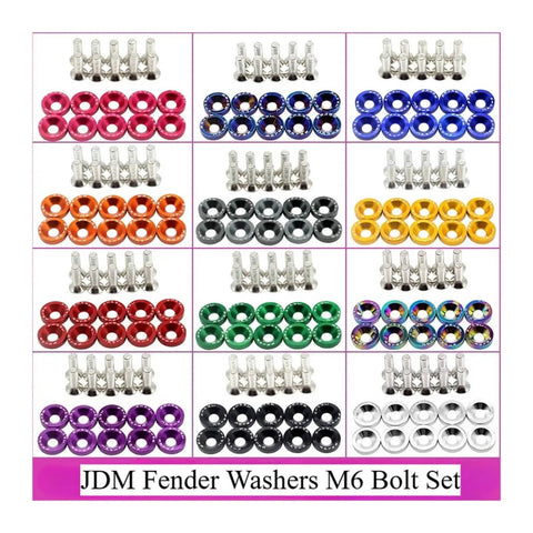 Aluminum M6 Concave Hex Fastener Kit For Automotive Parts, Handy Bolts And Washers For Quick Mounting, Built To Handle Car Body Panels, Engine Bay, And DIY Weekend Projects. JDM Fender Washer M6 bolt set in assorted colors