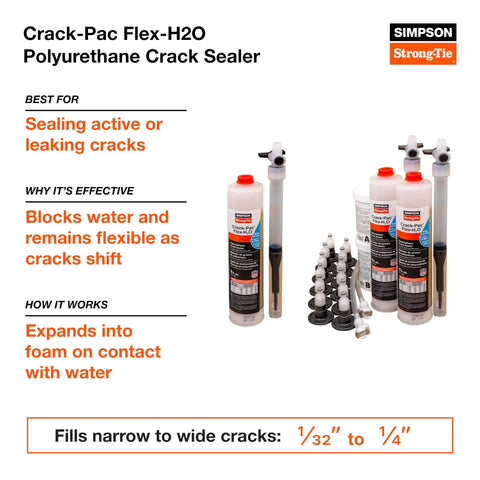 Flex-H20 Polyurethane Crack Sealer Injects Deep Into Concrete And Masonry Cracks From Tiny To Quarter Inch Flexible Leak Proof Patch Quick Cure 9 Oz cartridge with nozzles displayed