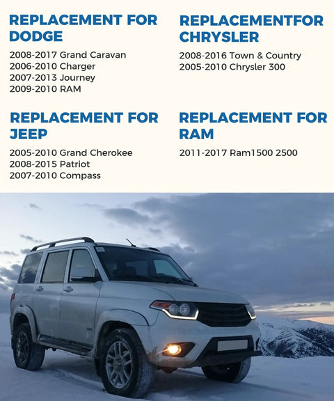 Snowy mountain scene with a SUV and text listing car models for 22 Piece Windshield Washer Hose Kit With 13Ft Hose 6 Connectors And 2 Nozzles For Most Cars Flexible Rubber Tubing Replacement Weather Resistant And No Fuss Install Premium DIY Windshield Fluid Hose Set replacement.